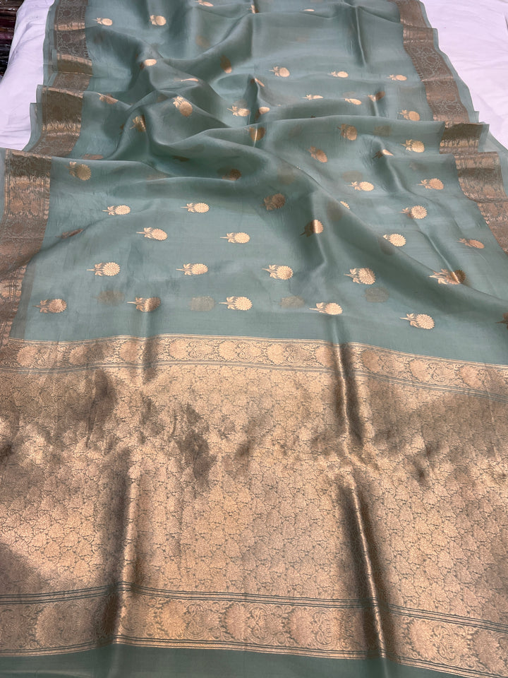 Sage blue Pure Kora Silk Handloom Banarasi Saree