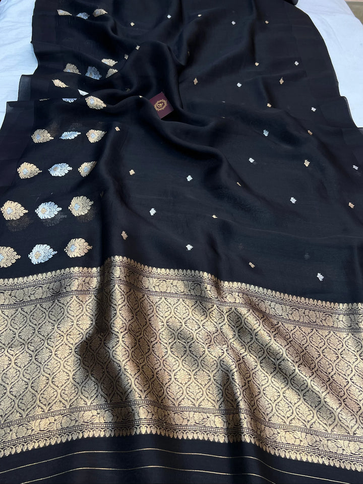 Black Pure Kora Silk Handloom Banarasi Saree with Sona Rupa Butas