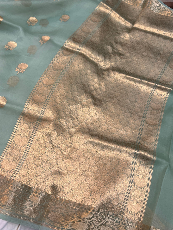 Sage blue Pure Kora Silk Handloom Banarasi Saree