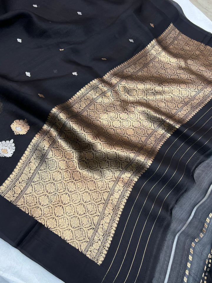 Black Pure Kora Silk Handloom Banarasi Saree with Sona Rupa Butas