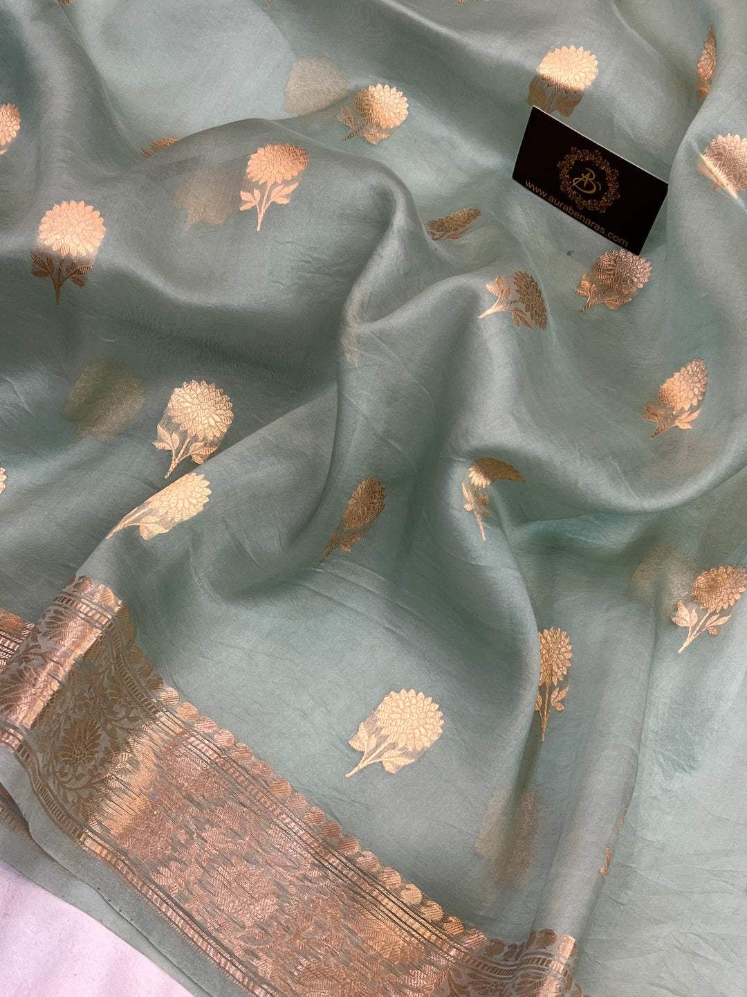 Sage blue Pure Kora Silk Handloom Banarasi Saree