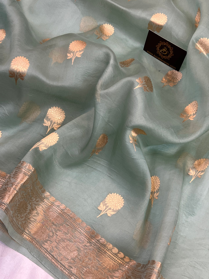 Sage blue Pure Kora Silk Handloom Banarasi Saree