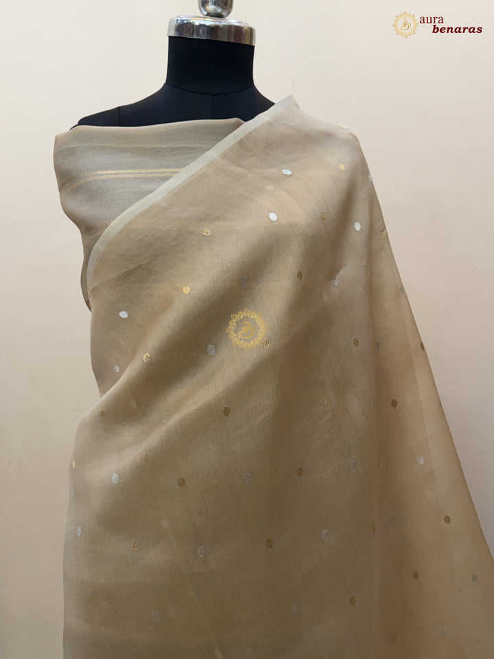 Cream Kora Silk Banarasi Saree – Kadhwa Butis in Zari
