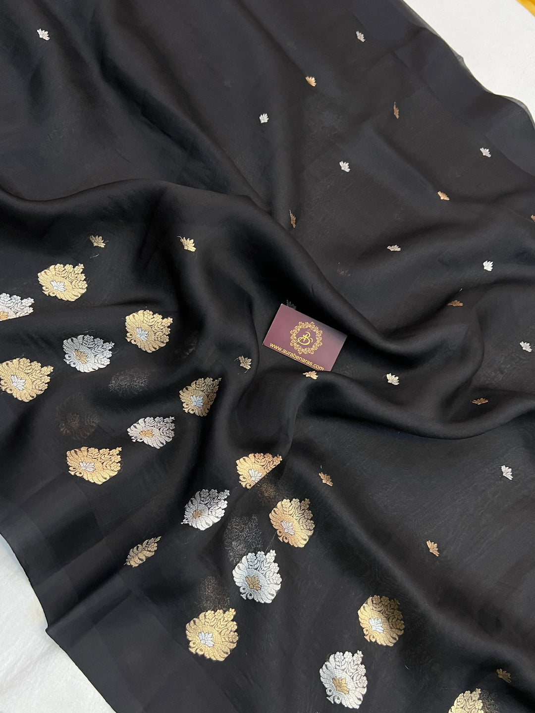 Black Pure Kora Silk Handloom Banarasi Saree with Sona Rupa Butas
