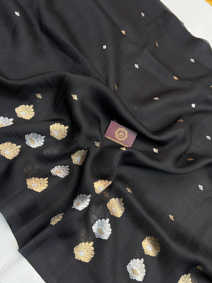 Black Pure Kora Silk Handloom Banarasi Saree with Sona Rupa Butas