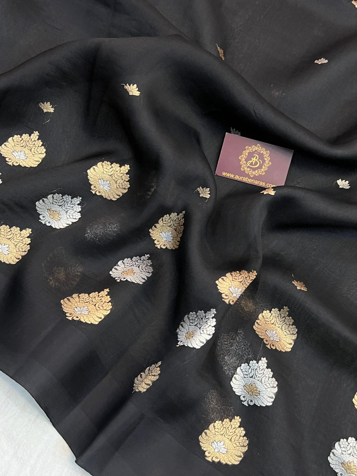 Black Pure Kora Silk Handloom Banarasi Saree with Sona Rupa Butas