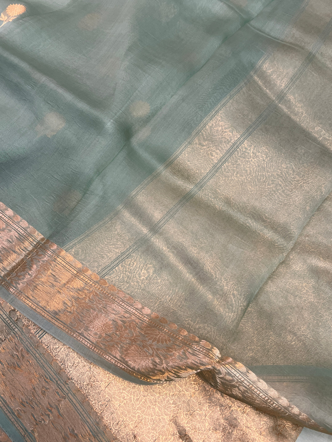Sage blue Pure Kora Silk Handloom Banarasi Saree