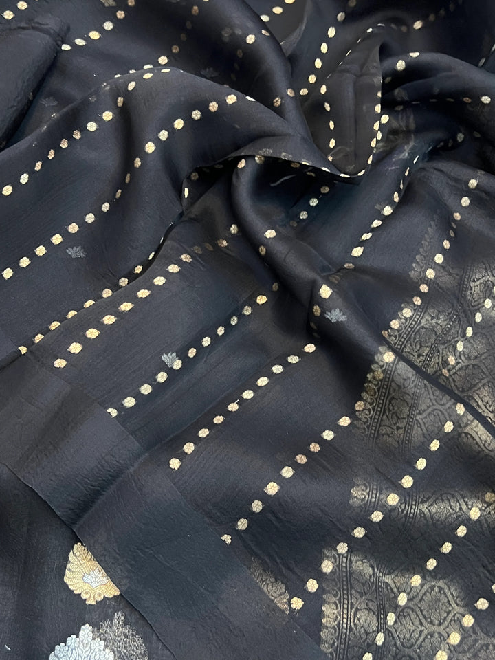 Black Pure Kora Silk Handloom Banarasi Saree with Sona Rupa Butas