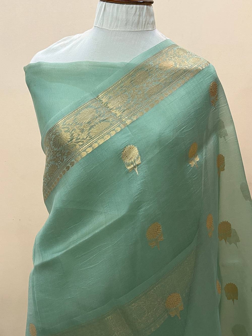 Sage blue Pure Kora Silk Handloom Banarasi Saree