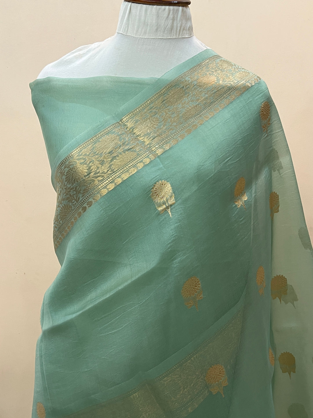 Sage blue Pure Kora Silk Handloom Banarasi Saree