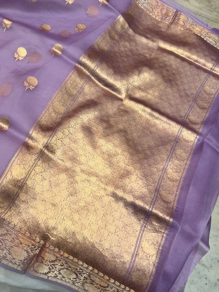 Lavender Pure Kora Silk Handloom Banarasi Saree