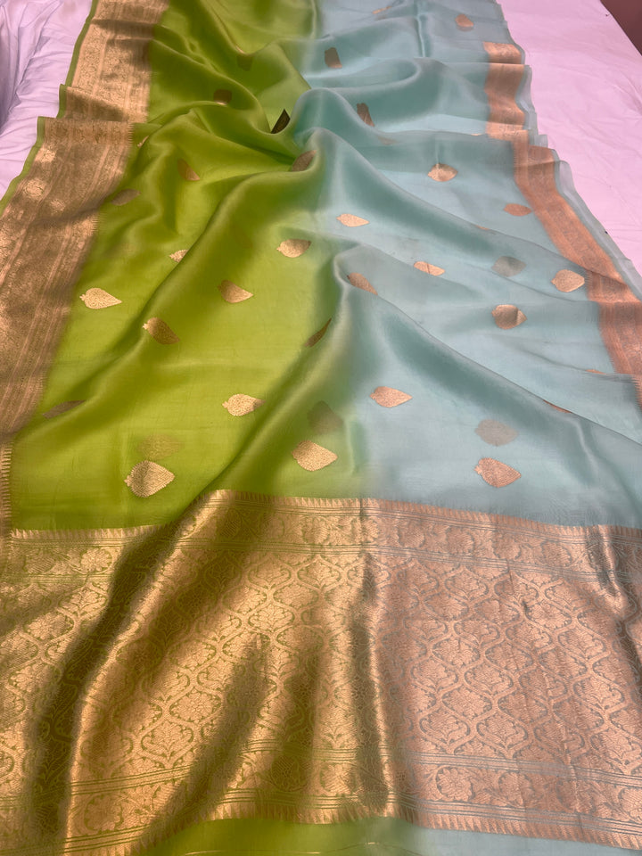Green Shaded Kora Silk Handloom Banarasi Saree - AuraBenaras