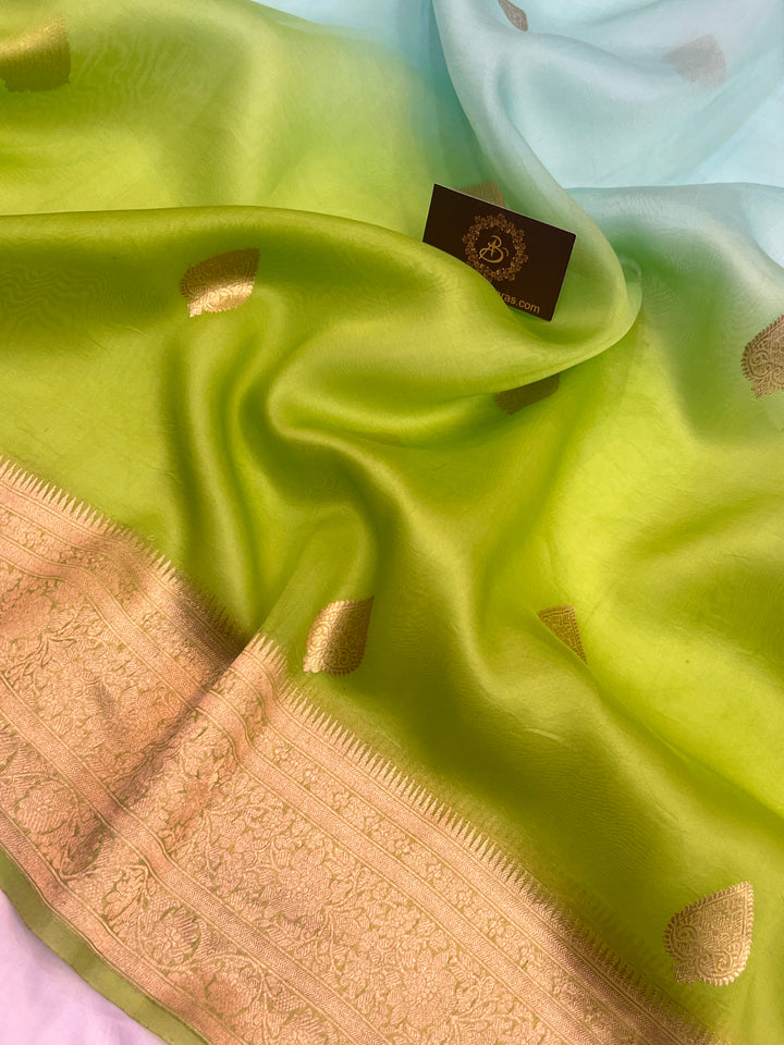 Green Shaded Kora Silk Handloom Banarasi Saree - AuraBenaras