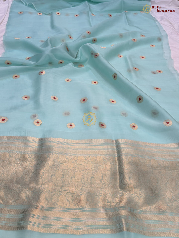 Mint Blue Kora Silk Banarasi Saree with Sona Rupa Butis