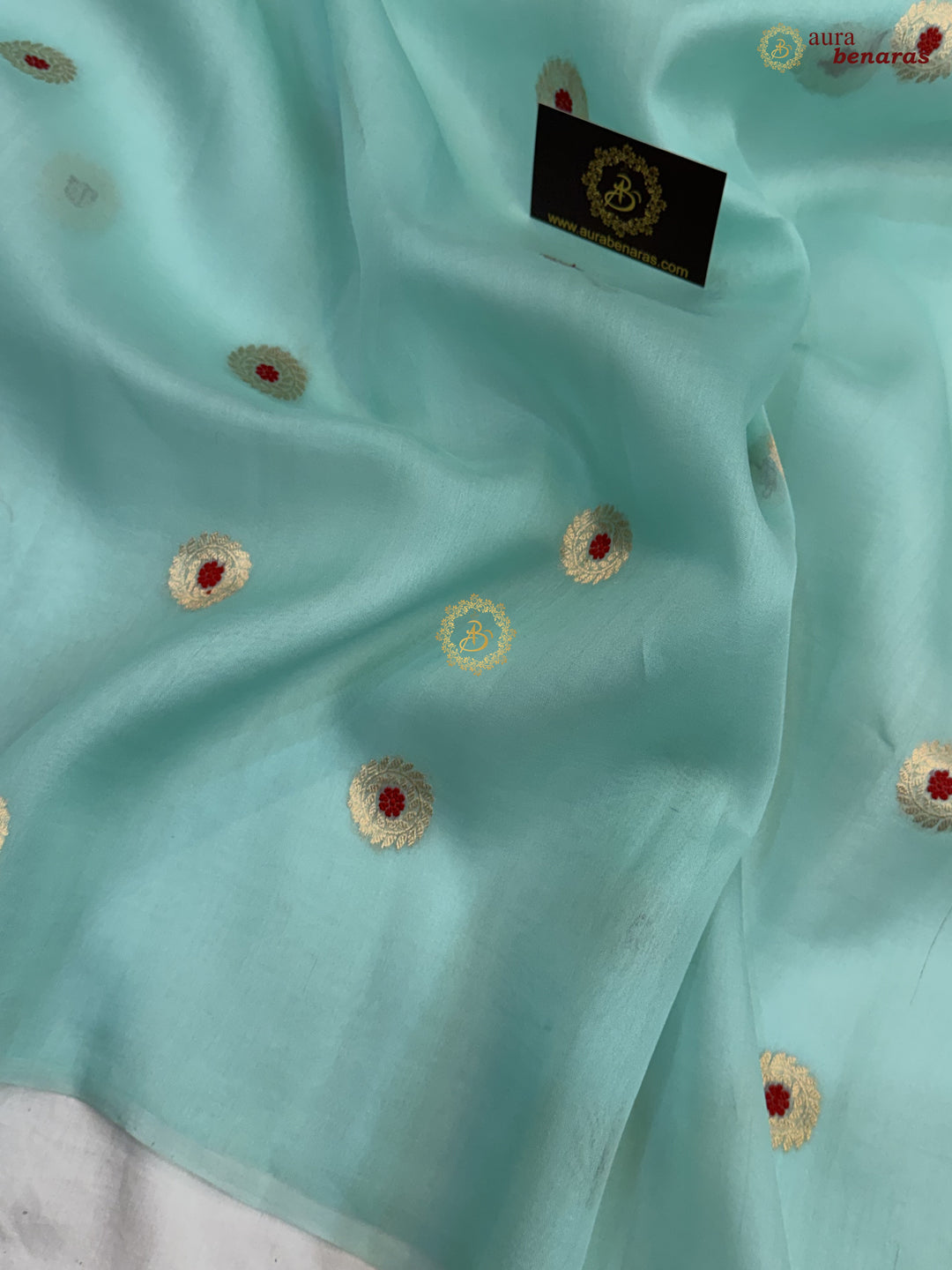 Mint Blue Kora Silk Banarasi Saree with Sona Rupa Butis