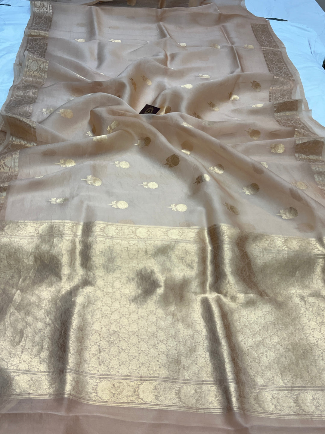 Beige Pure Kora Silk Handloom Banarasi Saree
