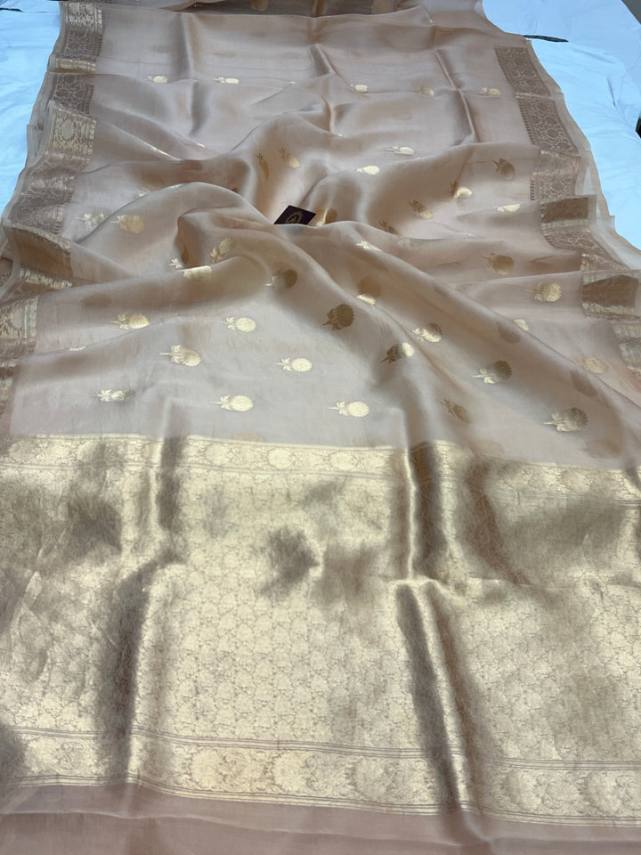 Beige Pure Kora Silk Handloom Banarasi Saree