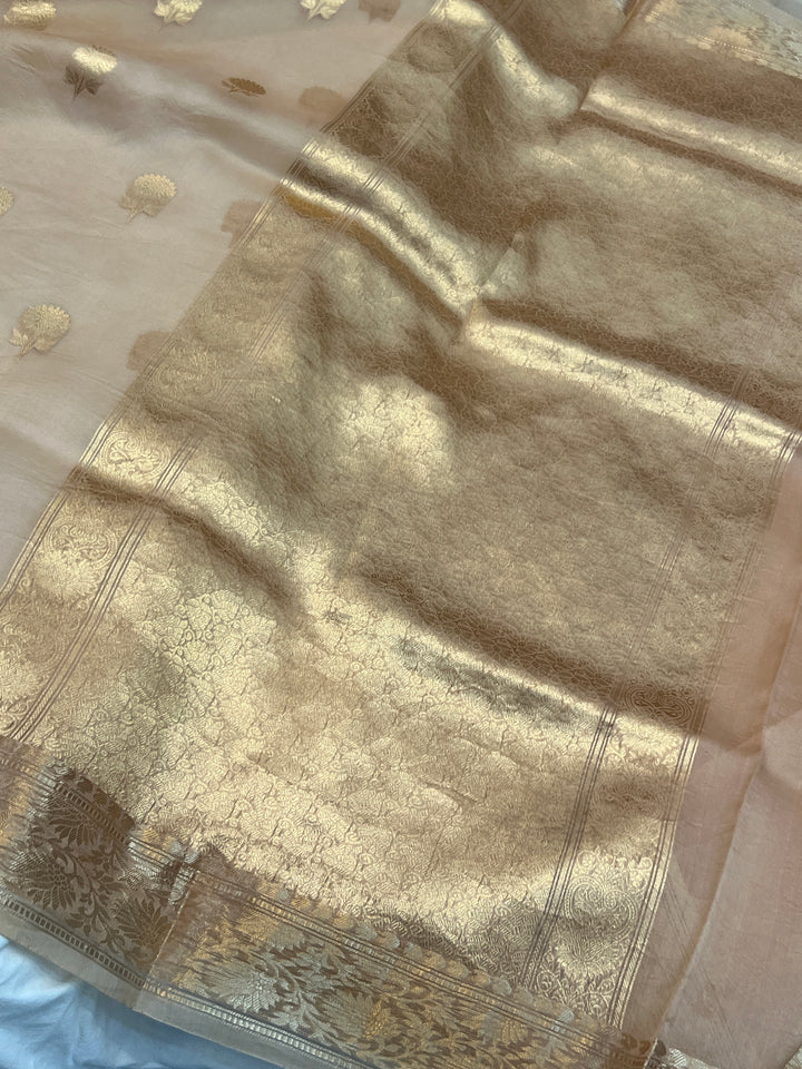 Beige Pure Kora Silk Handloom Banarasi Saree