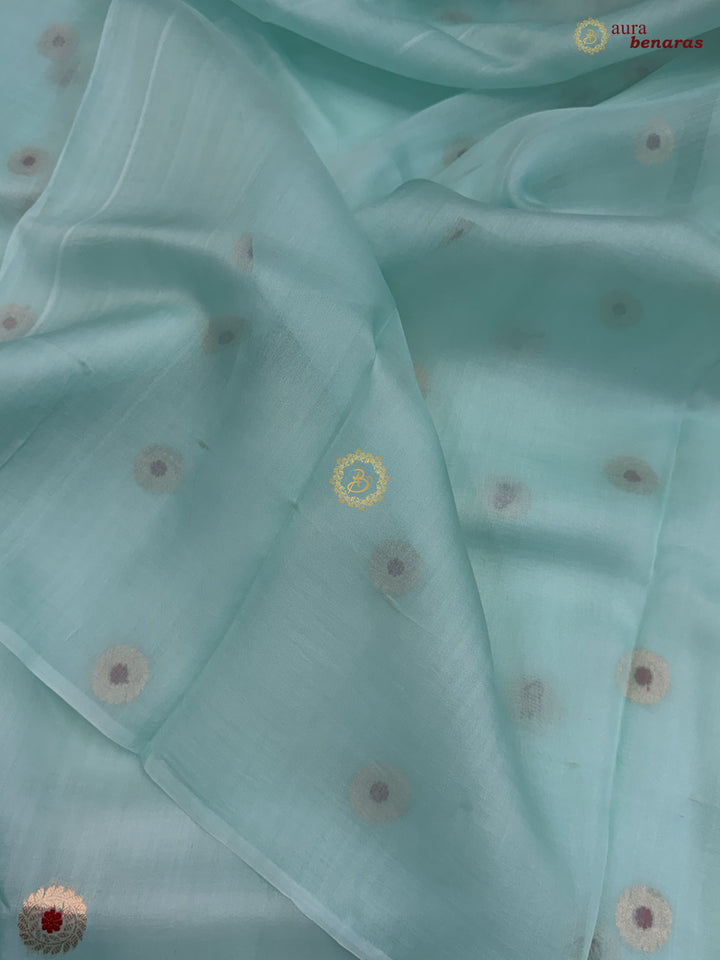 Mint Blue Kora Silk Banarasi Saree with Sona Rupa Butis