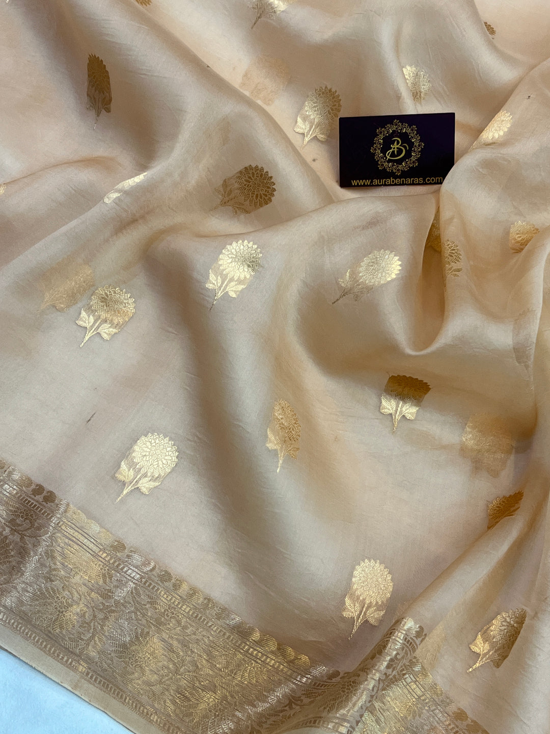 Beige Pure Kora Silk Handloom Banarasi Saree