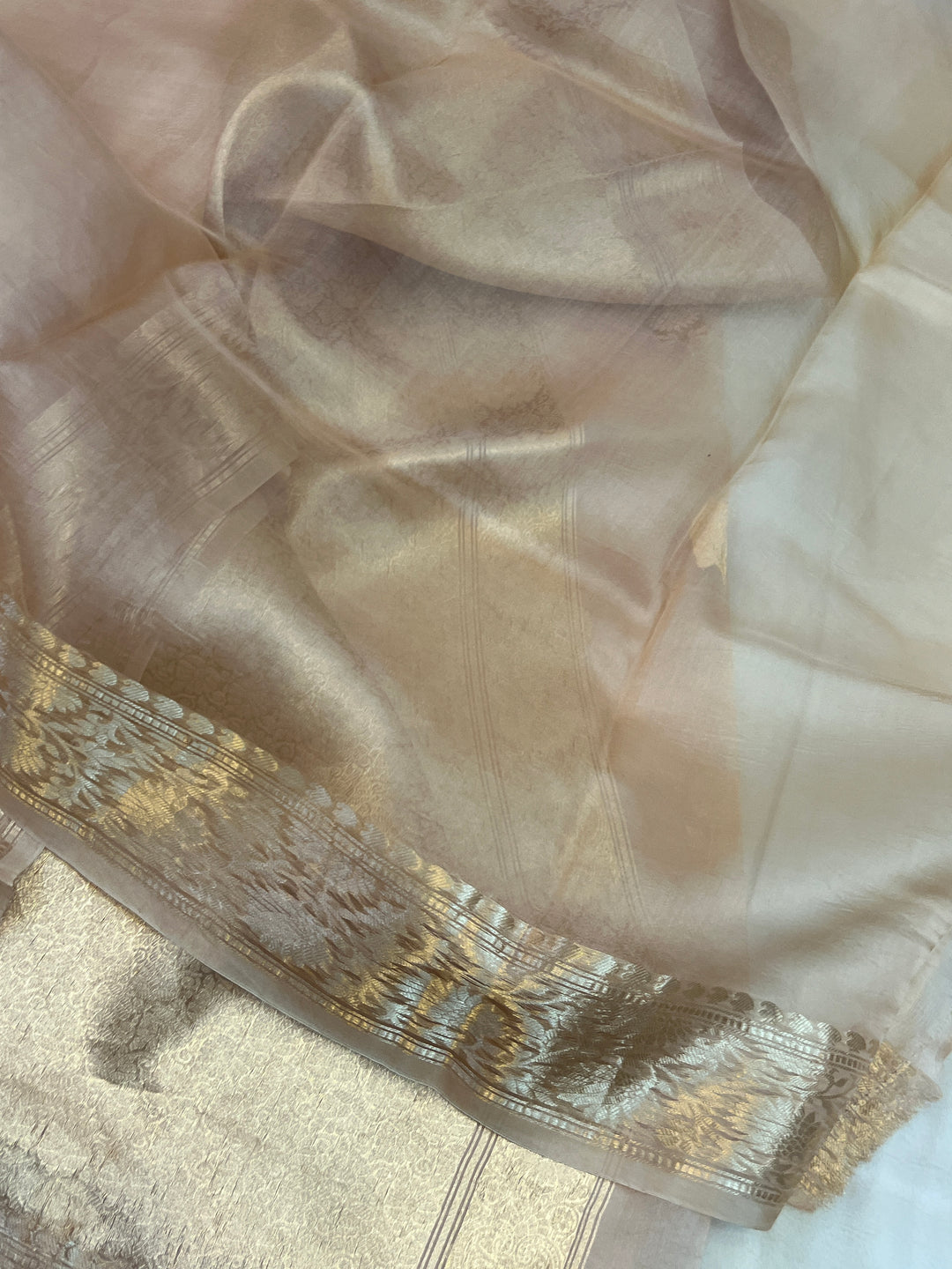 Beige Pure Kora Silk Handloom Banarasi Saree