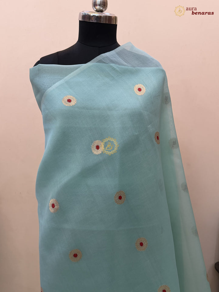 Mint Blue Kora Silk Banarasi Saree with Sona Rupa Butis