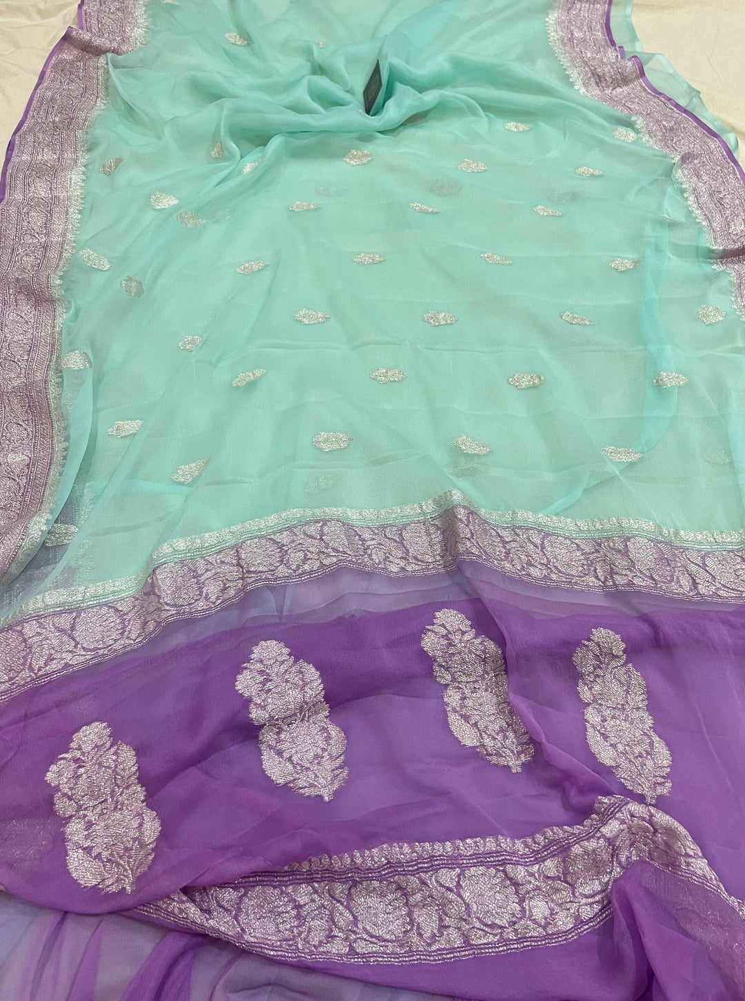 Light Blue Khaddi Chiffon Banarasi Handloom Saree - Aura Benaras