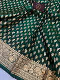 Bottle Green Banarasi Handloom Satin SIlk Saree - Aura Benaras