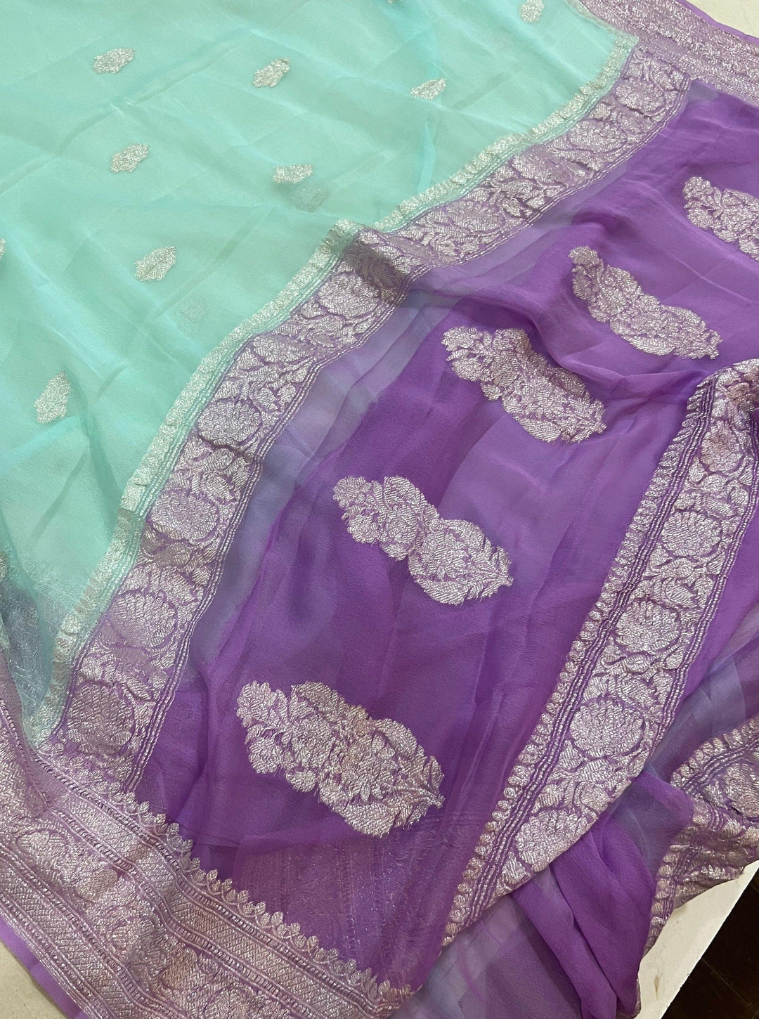 Light Blue Khaddi Chiffon Banarasi Handloom Saree - Aura Benaras