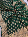 Bottle Green Banarasi Handloom Satin SIlk Saree - Aura Benaras