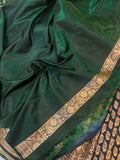 Bottle Green Banarasi Handloom Satin SIlk Saree - Aura Benaras