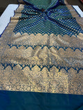 Peacock Blue Banarasi Handloom Satin SIlk Saree - Aura Benaras