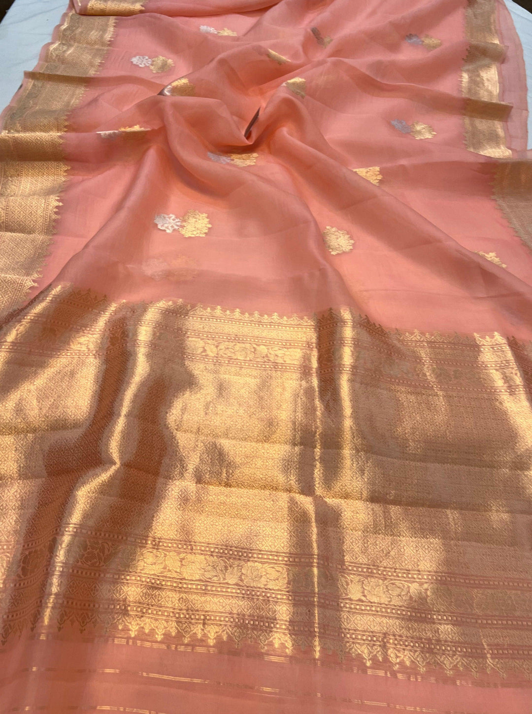 Peach Pure Banarasi Handloom Silk Saree - Aura Benaras