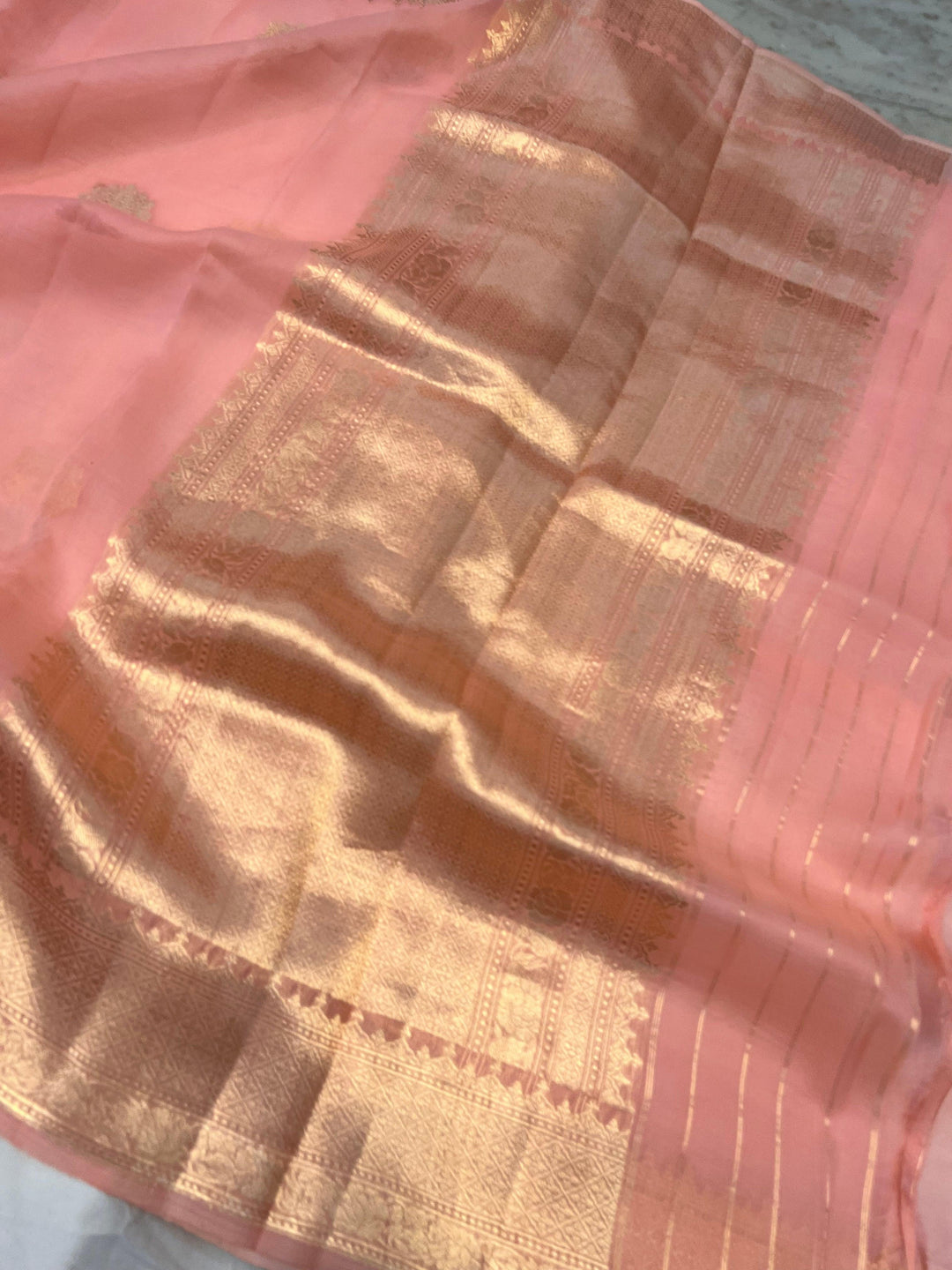 Peach Pure Banarasi Handloom Silk Saree - Aura Benaras
