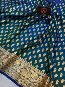 Peacock Blue Banarasi Handloom Satin SIlk Saree - Aura Benaras