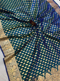 Peacock Blue Banarasi Handloom Satin SIlk Saree - Aura Benaras