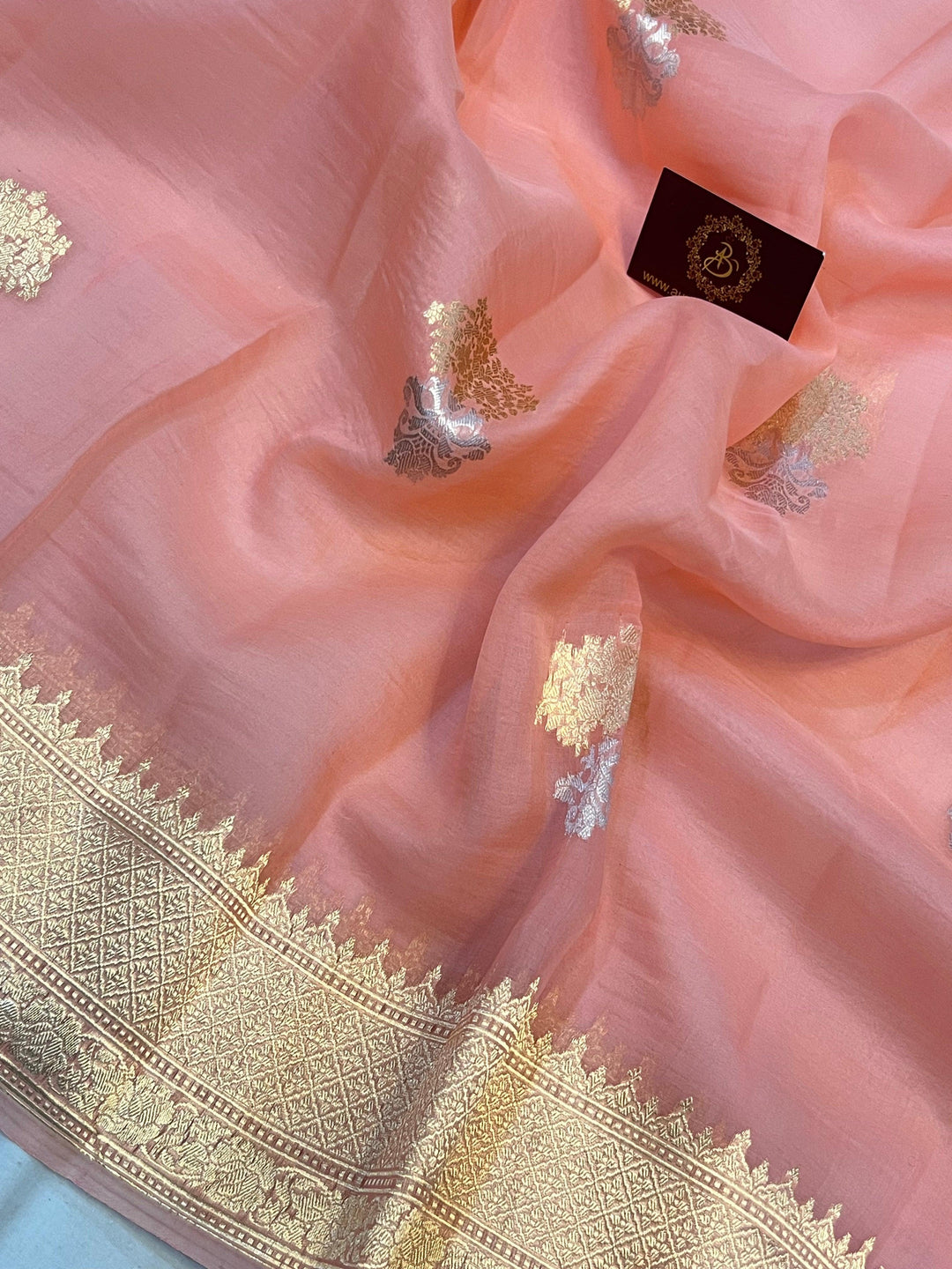 Peach Pure Banarasi Handloom Silk Saree - Aura Benaras