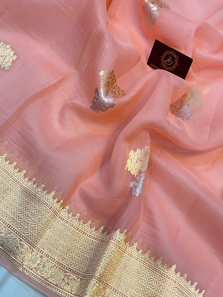 Peach Pure Banarasi Handloom Silk Saree - Aura Benaras