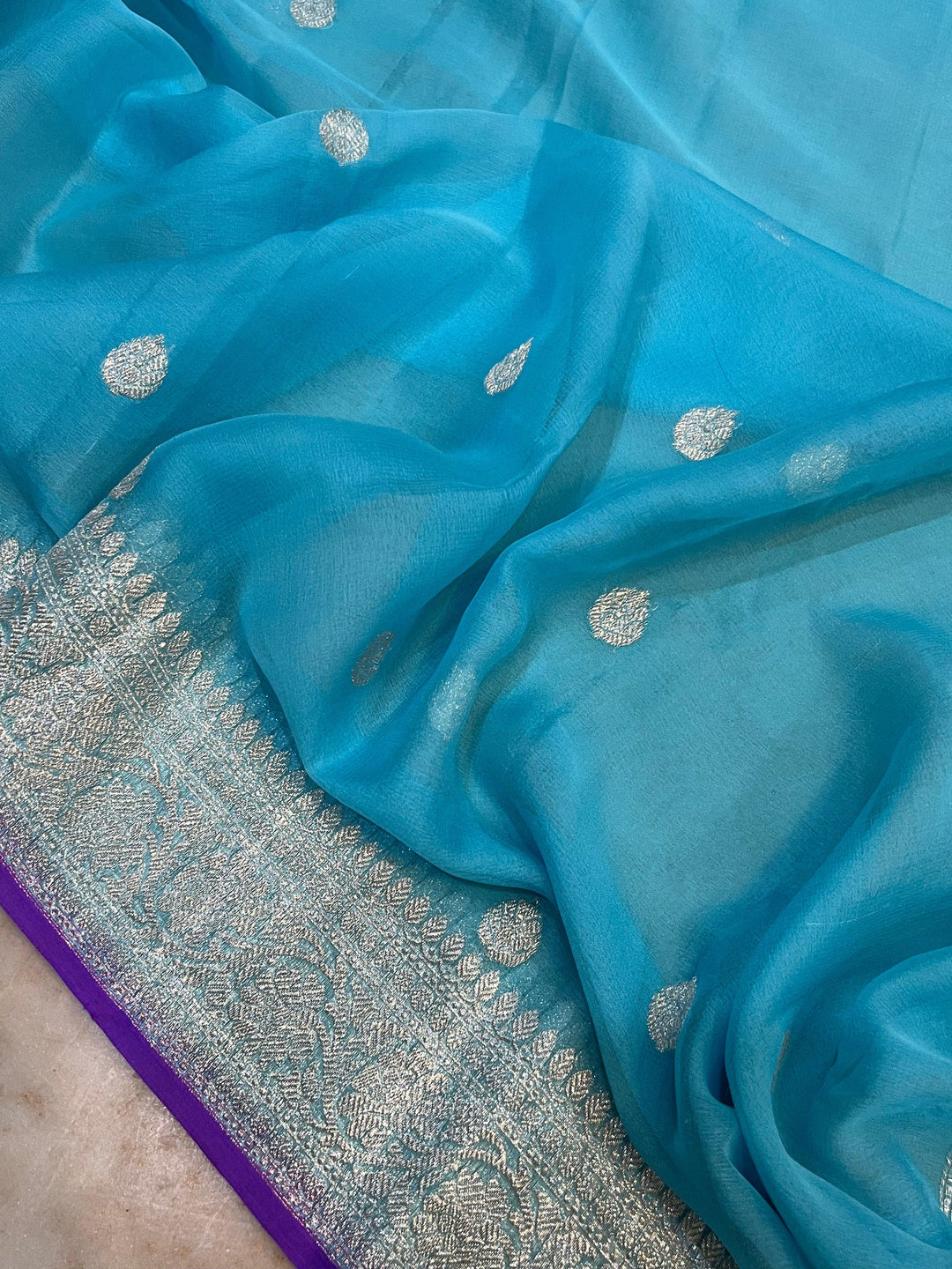 Blue Khaddi Chiffon Banarasi Handloom Saree - Aura Benaras
