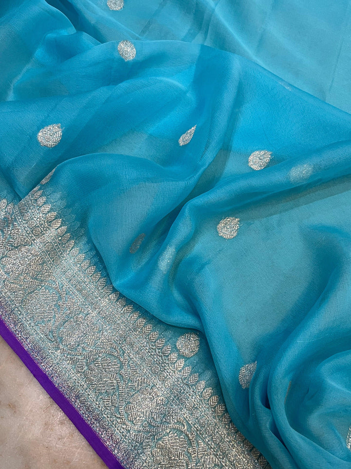 Blue Khaddi Chiffon Banarasi Handloom Saree - Aura Benaras