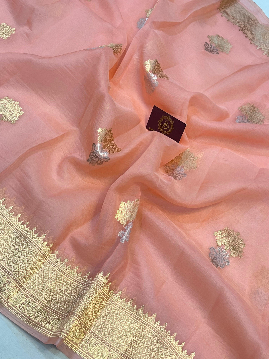 Peach Pure Banarasi Handloom Silk Saree - Aura Benaras