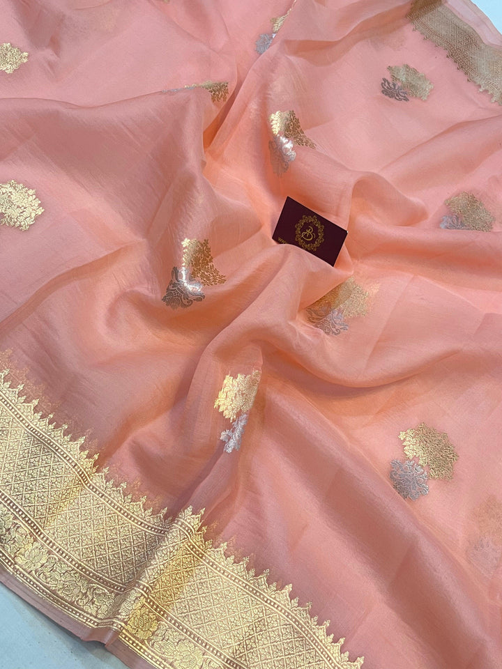 Peach Pure Banarasi Handloom Silk Saree - Aura Benaras