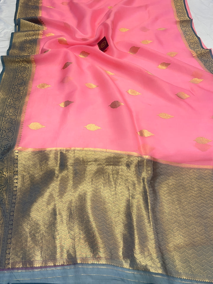 Baby Pink Banarasi Handloom Kora Silk Saree