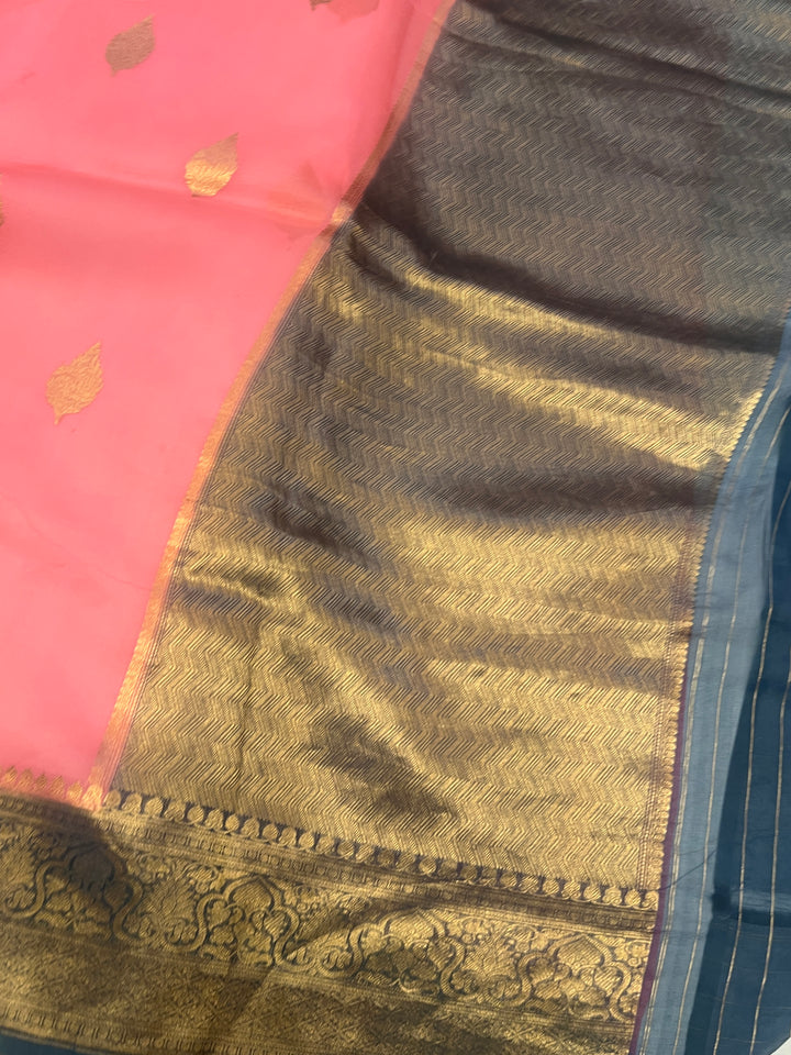 Baby Pink Banarasi Handloom Kora Silk Saree