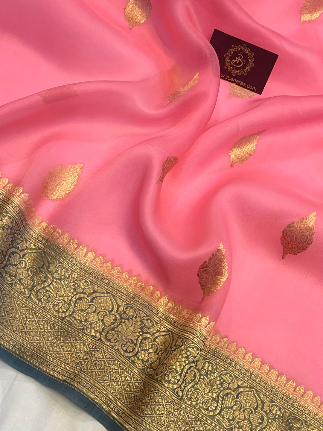 Baby Pink Banarasi Handloom Kora Silk Saree