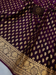 Wine Banarasi Handloom Satin SIlk Saree - Aura Benaras