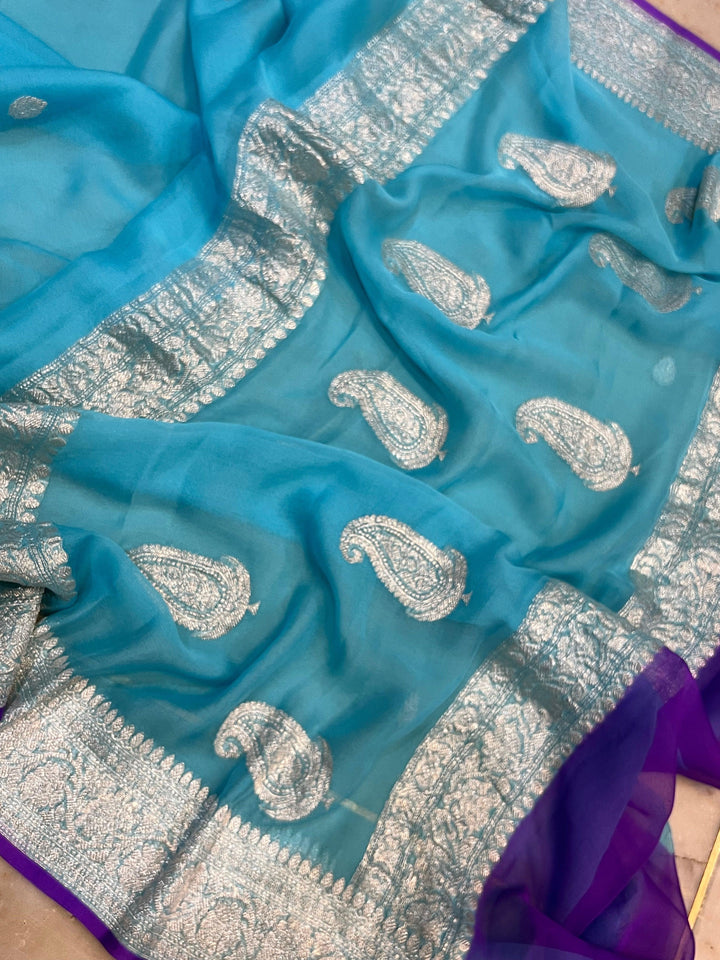 Blue Khaddi Chiffon Banarasi Handloom Saree - Aura Benaras