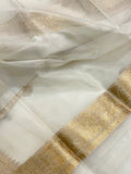 White Pure Banarasi Handloom Kora Silk Saree - Aura Benaras