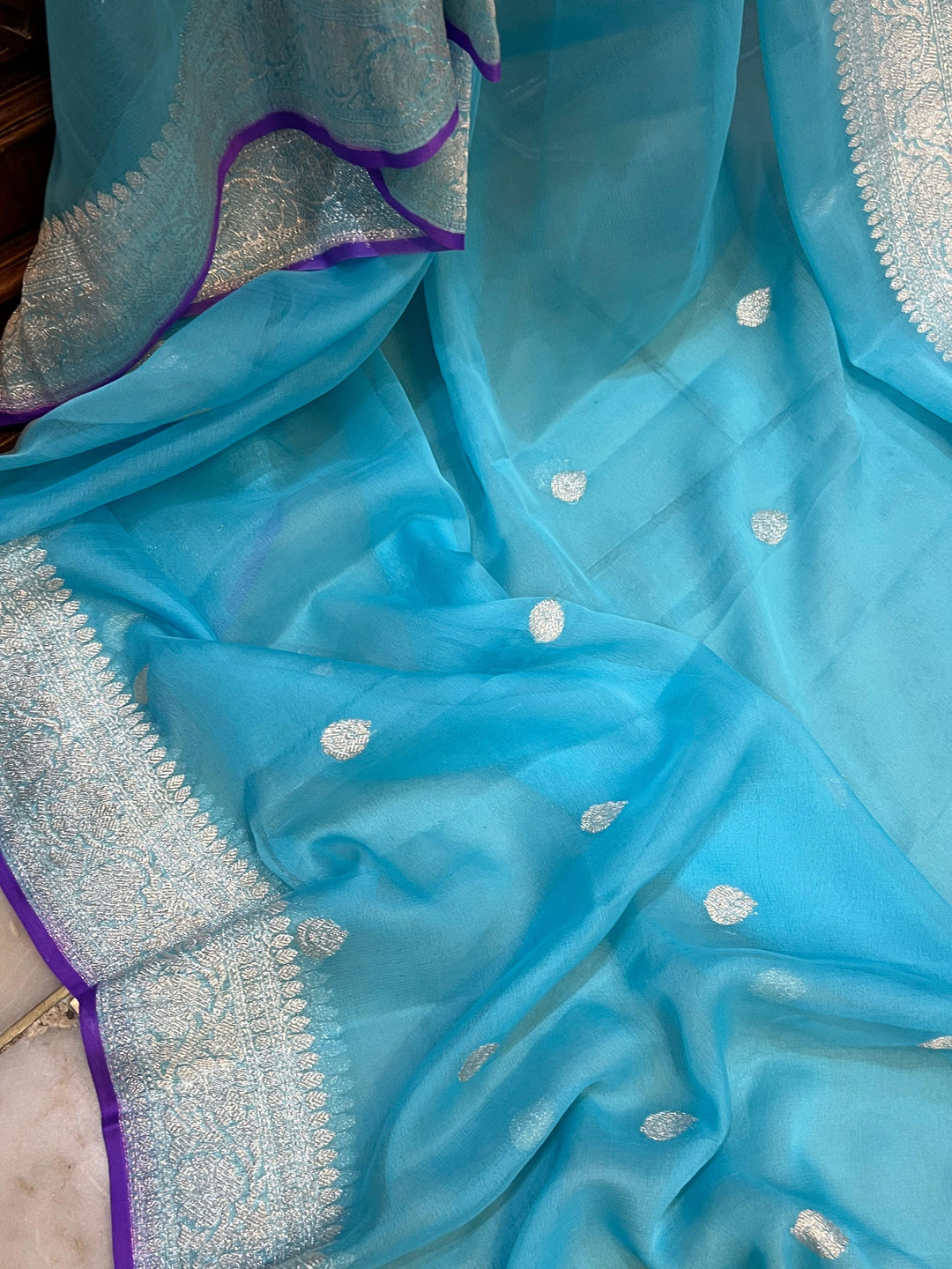 Blue Khaddi Chiffon Banarasi Handloom Saree - Aura Benaras