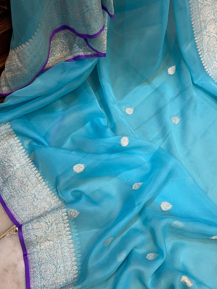 Blue Khaddi Chiffon Banarasi Handloom Saree - Aura Benaras